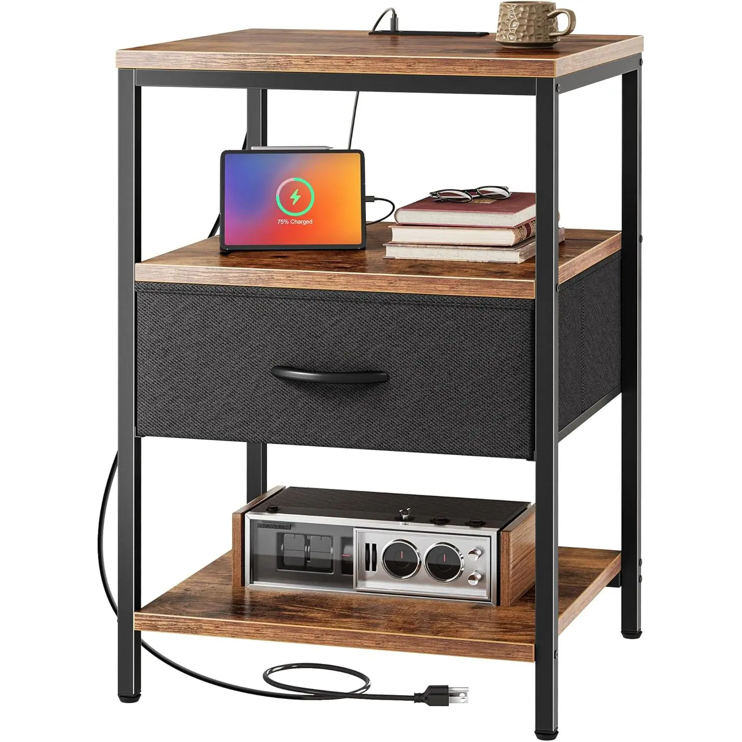 SUPERJARE Night Stand with Charger Station, 27.7 Inch Tall Nightstand with Adjustable Fabric Drawer, Bed Side Table, Fabric Drawer Dresser for Bedroom, Living Room
