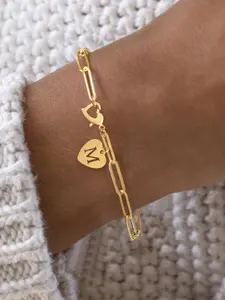 Women's Heart Initial Bracelet, Letter Link Bracelet, Stainless Steel Heart Buckle Paper Clip Chain Link Design, Elegant Jewelry Gift for Women & Girls