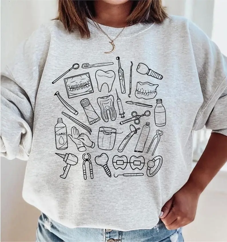 Dental Tool Doodles T Shirt And Sweatshirt, Dentist Gift Shirt, Dental Hygienist Apparel, Dental Assistant Top, Cute Dental Graphic, Womens Unisex