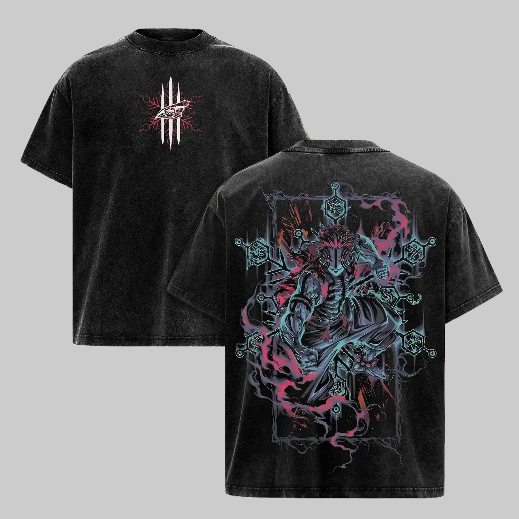 Unisex 100% Premium Cotton Demon Slayer Akaza Infinity Castle Short-Sleeve Round Neck Seamless Soft Pre-Washed Oversized Heavy Vintage Graphic T-Shirt, Retro Anime Manga Streetwear Apparel, Fan Gift (S, 2XL, 3XL), Shortsleeve, Tshirt
