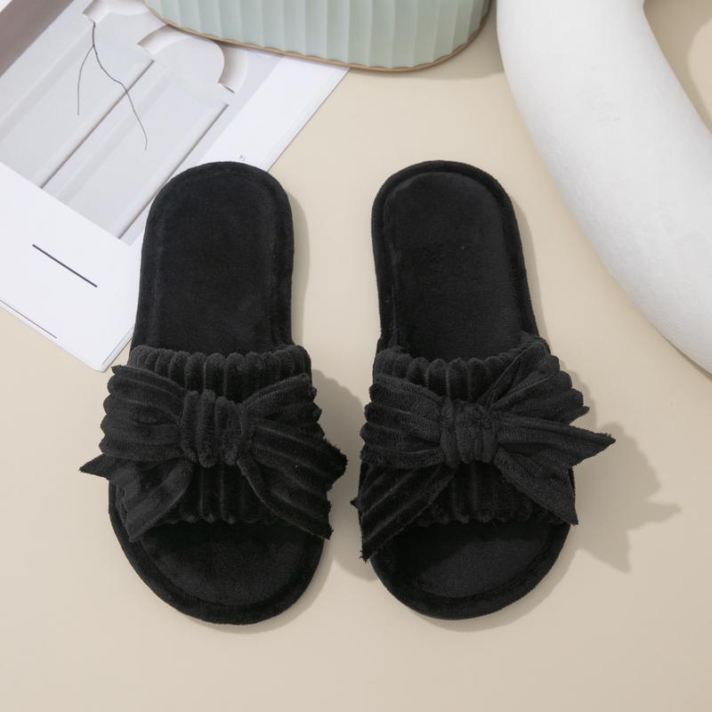 Women's Plush Bow Knot Home Slippers - Open Toe Soft Indoor House Shoes for Spring & Autumn in Pink Black & White Colors