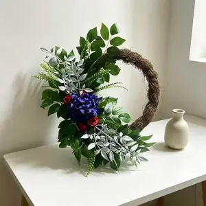 Elegant Blue Hydrangea Teardrop Wreath, Silver Leaf Greenery, Rustic All-Season Porch Decor, Independence Day Decoration