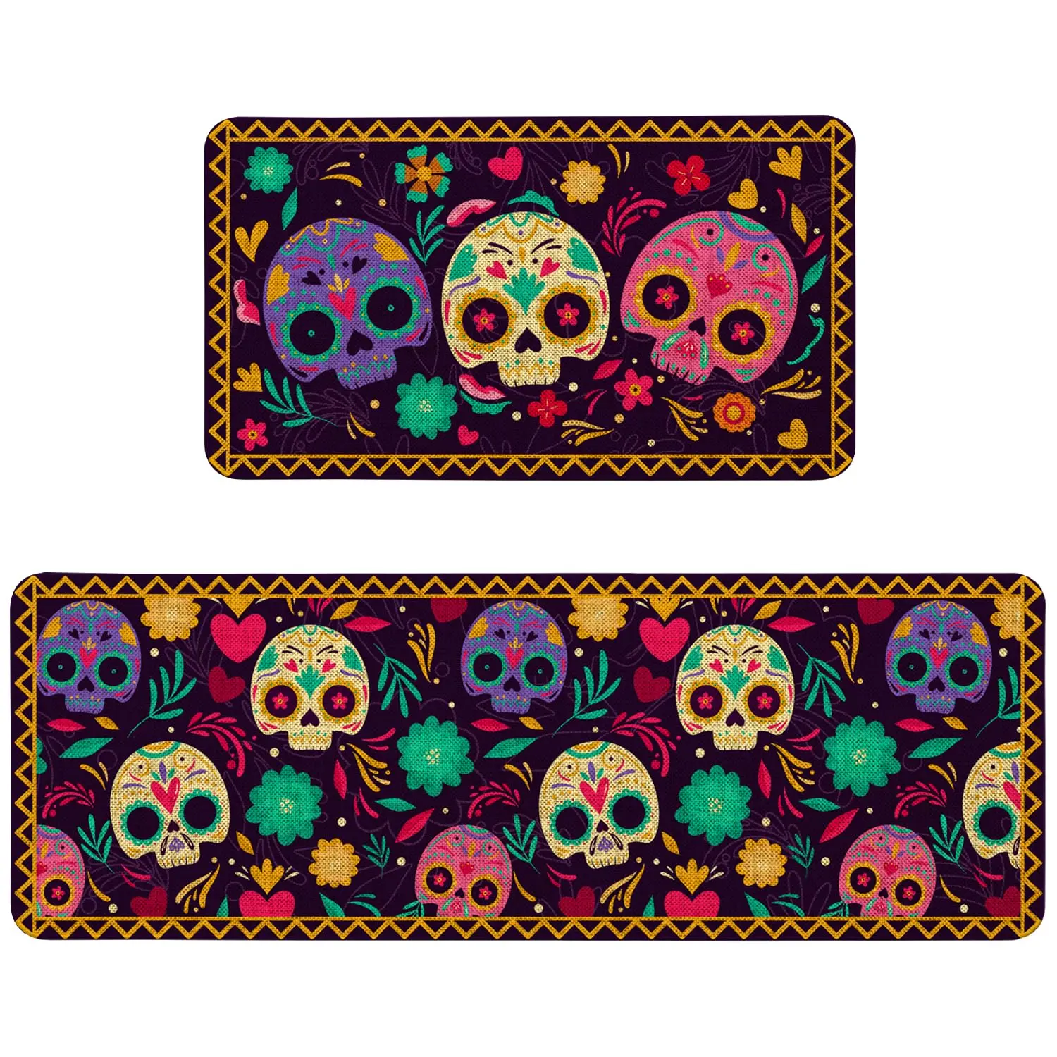 Mexican Kitchen Mat Set Of 2  Sugar Day The Dead Rug Dia De Los Muertos Floor Decor Home Decorations