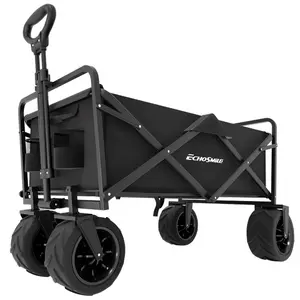 Collapsible Wagon, Outdoor Folding Camping Grocery Portable Utility Cart, Adjustable Rolling Carts, All Terrain Beach Wagon with Big Wheels (Black-Arrow)