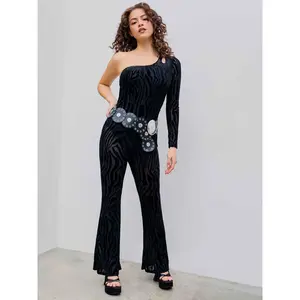 Cider [size 2-10] Asymmetrical Neck See-through Zebra Stripe Flared Jumpsuit