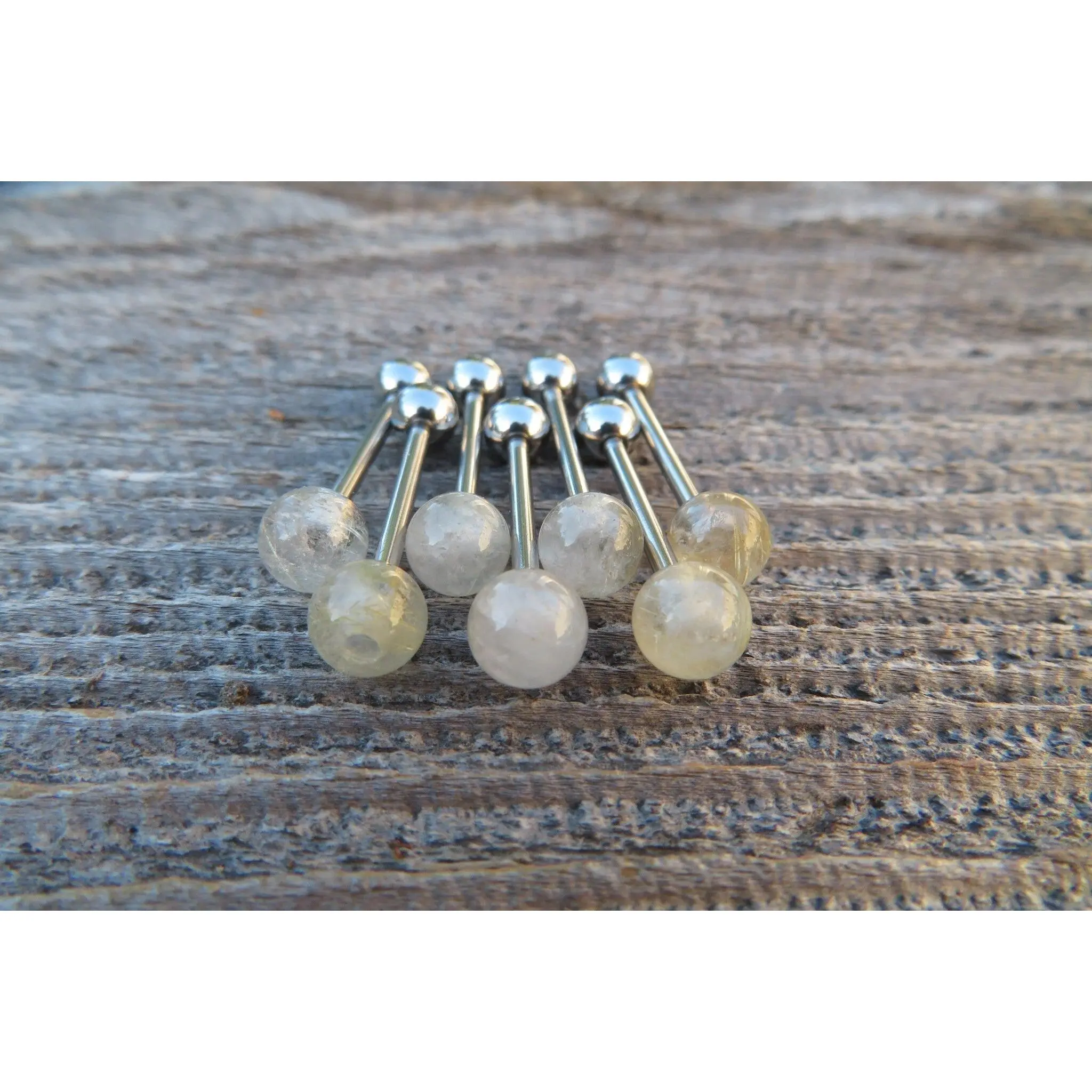 Rutile Quartz Titanium Ti6Al4V ELI Implant Grade Natural Stone Barbell Tongue Ring 14g (1.6mm) Piercing