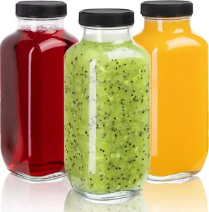 Juice Bottles with Lids, 16 Oz - Set of 3 - Clear Glass Jars with Caps Reusable Empty Drink Containers for Juicing, Smoothies, Water, Milk, Kombucha Storage, Wellness Shots and More Organiser Canister