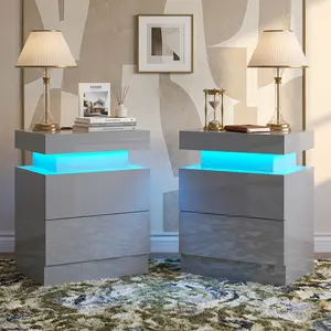 Modern Nightstand Set of 2, LED Lights & Charging Station, 2 Drawers & Open Storage Shelf, Stylish End Tables for Bedroom Home
