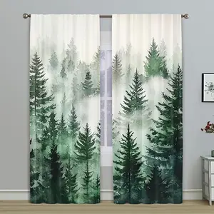 2Pcs, Art Revival style, green forest tree translucent print curtain, rod pocket, machine washable, suitable for bedroom living room study balcony home decoration, semi-blackout curtain, suitable for Christmas decoration.