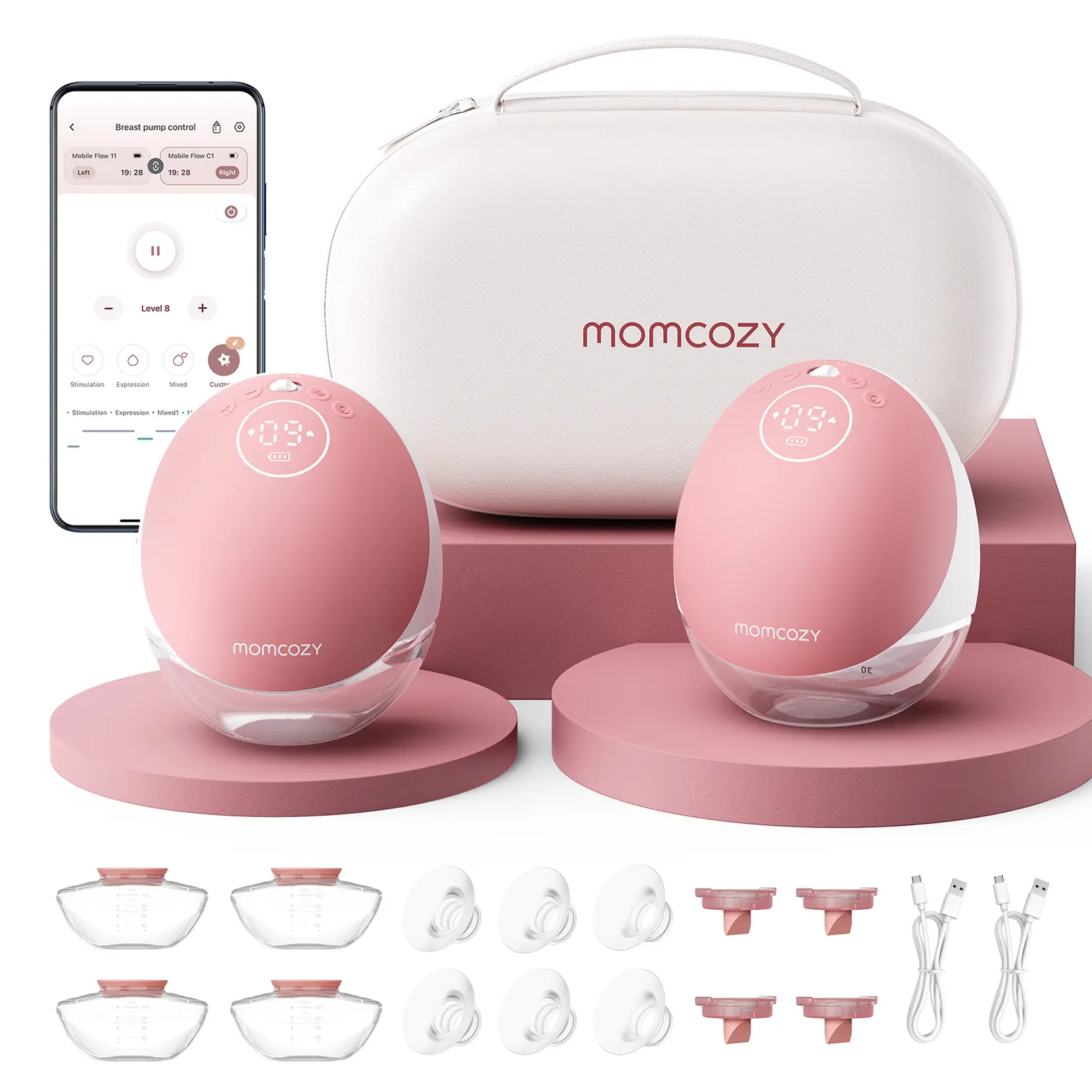 Momcozy  Breast Pump Hands Free Upgraded Mobile Flow | M9, App Discreet Control with Personalized Multi-Modes & 15 Levels, Wearable Breast Pump 24mm, 2 Pack Cozy Red