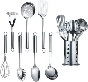 Berglander 8PCS Stainless Steel Cooking Utensil Set – Kitchen Tools with Stand, Slotted Turner, Ladle, Skimmer, Serving Spoon, Pasta Server, Potato Masher & Whisk