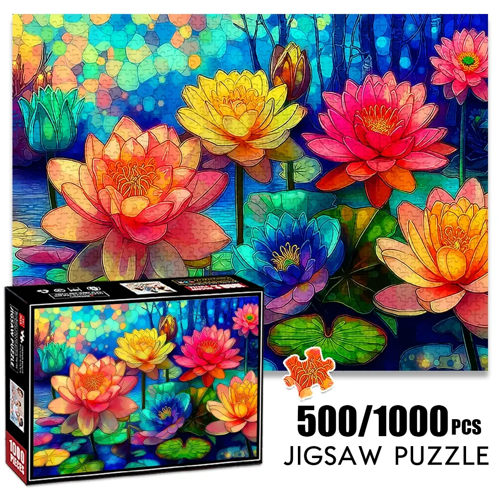 1pc 1000 piece adult puzzle 70x50cm Colorful Water Lilies and Lily - pads Artwork 500 pieces paper jigsaw puzzle suitable for DIY creative games for adults and families, birthday and holiday stress