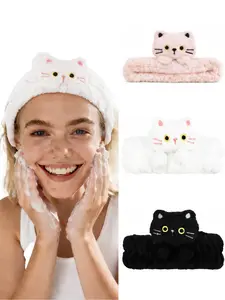 3-piece set of cute three-dimensional cat coral velvet hair bands for women's home wear, cute and sweet casual style, suitable for facial masks, makeup, face washing, hair bands, soft and seamless facial spa headwear, Headbands