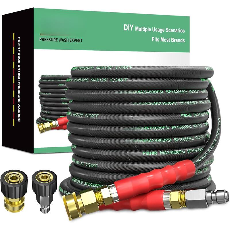 3/8"  Washer Hose 50 FT for Cold and Hot Water Max 248?F with Quick Connect, 4800psi Kink Resistant Industry Grade Steel Wire Braided Synthetic Rubber Jacket with 2 M22 14mm Adapter Set