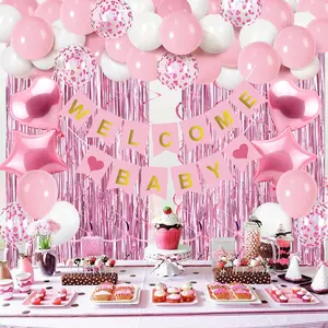 Pink Welcome Baby Girl Balloon Garland Kit, Baby Shower Decorations with Banner, Foil Balloons, Confetti Balloons and Tinsel Curtain Backdrop for Newborn Gender Reveal Party Supplies