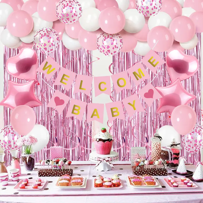 Pink Welcome Baby Girl Balloon Arch Kit - Plastic Holiday Party Decor Set with Banner, Foil Pieces, Confetti Units, Tinsel Backdrop for Newborn Baby Shower, Gender Reveal Supplies