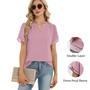 Women's Dressy Casual Chiffon Blouse Short Sleeve V Neck Double-Layer Comfort Petal Sleeves Smooth Drape Feminine Lady's Work & Business Casual Summer Tops 2026 Blazers Elegant Floral Floral