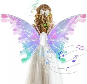 Electric Fairy Wings for Girls, Light Up Moving Butterfly Wings with LED Lights and Music, Toy for Kids as Halloween Valentine Birthday Christmas Party Costume Princess Cosplay Dress Up Gift