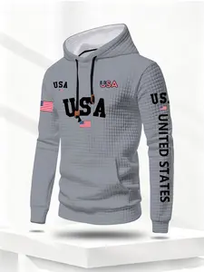 Men's Casual Hooded Sweatshirt, Waffle Knit Letter Flag Print, Loose-Fitting Pullover with Pocket, Fall & Winter Fashion
