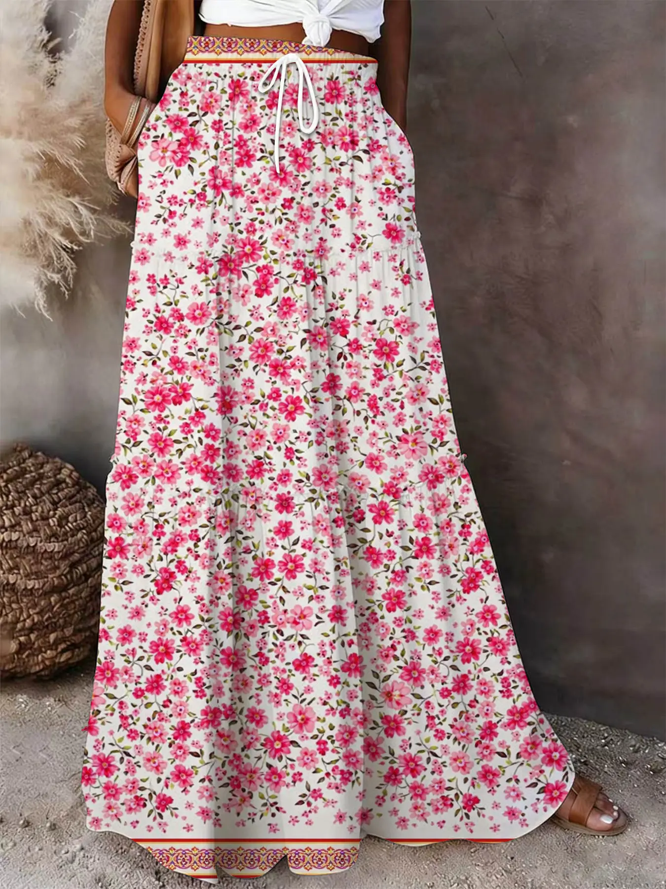Green Leaf Print Floral Maxi Skirt | Boho Bohemian Botanical Tiered Skirt with Pockets, Womenswear