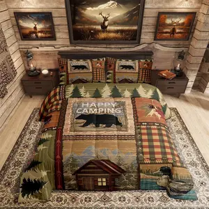 Camping Comforter Set,Vintage Camper Mountain Tree Bedding Set,Wooden Happy Camping Comforter Sets,Rustic Bear Cabin Lodge Decor Duvet Insert
