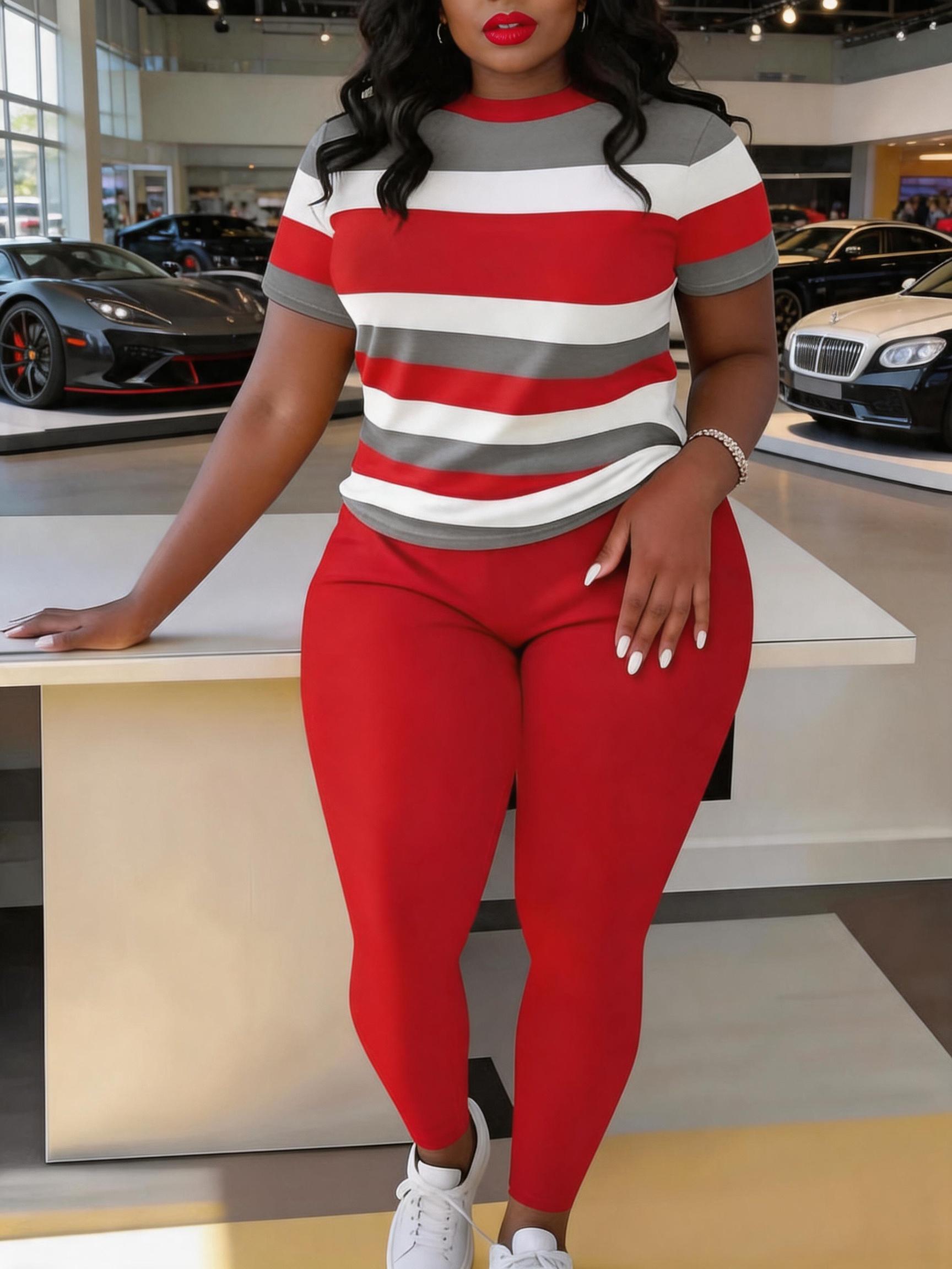 Women's Plus Size Striped Print Short Sleeve Top & Pants Two-piece Set, Casual Fashion Cozy Round Neck Top & Trousers for Daily Outdoor Wear