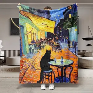 Van Gogh Cafe Cat Flannel Blanket, Soft Skin-Friendly Warm Cozy Throw for Sofa Bed Office, All-Season Low Sensitivity Easy Wash GiftAir blanket