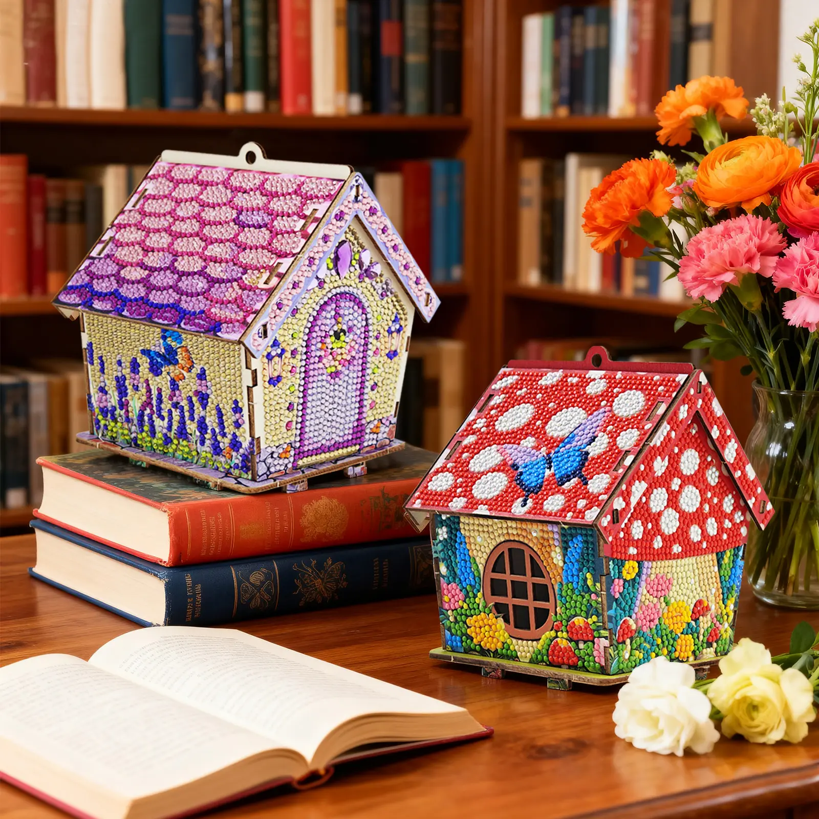 3D Buildable Sparkly Handmade Wooden House Kit - DIY Diamond Art Miniature Cottage Ornament, Creative Craft Experience for Adults, Home Decor Enhancer, Thoughtful Holiday Gift, Crafting
