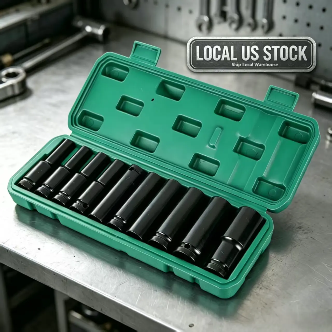 10-Pcs 1/2 in Drive Deep Impact Socket Set, Heavy-Duty Cr-V Steel 6-Point Long Reach Sockets with Storage Case for Car, Truck Repair (Impact Wrench Compatible)