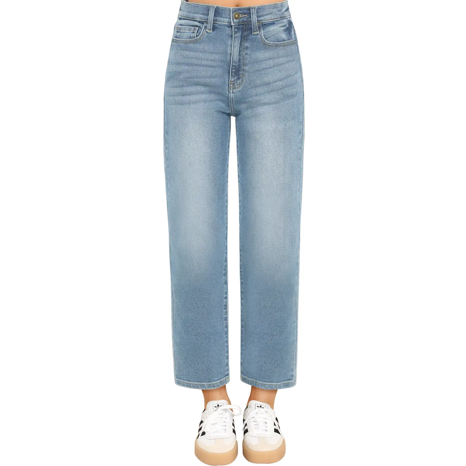 KDF Women's Cropped Straight Leg Jeans - High Waisted Jeans for Women 7/8 Length Denim Pants with Crop Hem