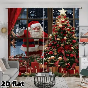 2D Flat 2Pcs Christmas Santa Window Curtain Panel, Decorative Snowy Night Scene, Decorated Tree Print, Semi Transparent Rod Pocket Design, Holiday Themed Home Decor for Living Room Bedroom Kitchen Study Window Treatment, Perfect Christmas Gift, Privacy