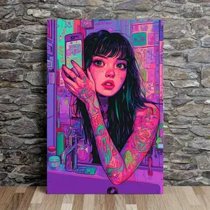 1pc Vibrant Cyberpunk Canvas Poster - Woman with Tattooed Arms, Smartphone in Hand