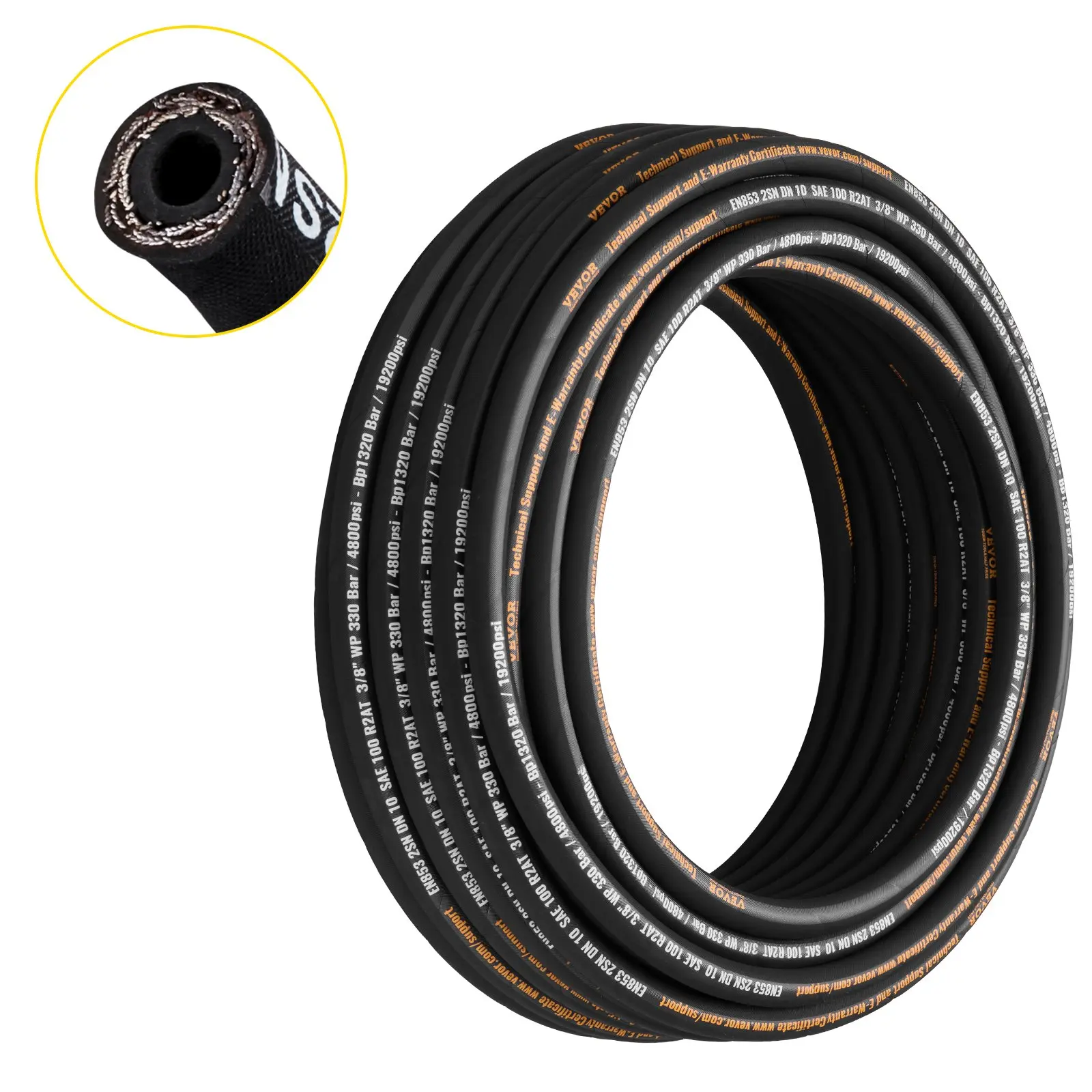 【Summerfinds】VEVOR  Hydraulic Hose 3/8 inch x 100 ft, Coiled Hydraulic Hose 4800 PSI, Rubber Hydraulic Hose with 2 High-Tensile Steel Wire Braid, Bulk Hydraulic Hose -20 ° C to 140 ° C, Hydraulic Oil Flexible Hose