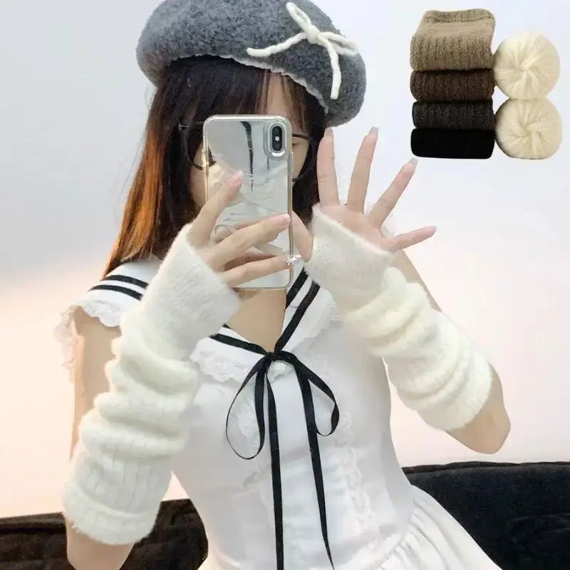 HOT Winter Warm Long Sleeves Gloves For Women Fingerless Solid Color Hip-Hop Knitted Elbow Mittens Elastic Outdoor Warmer Arm