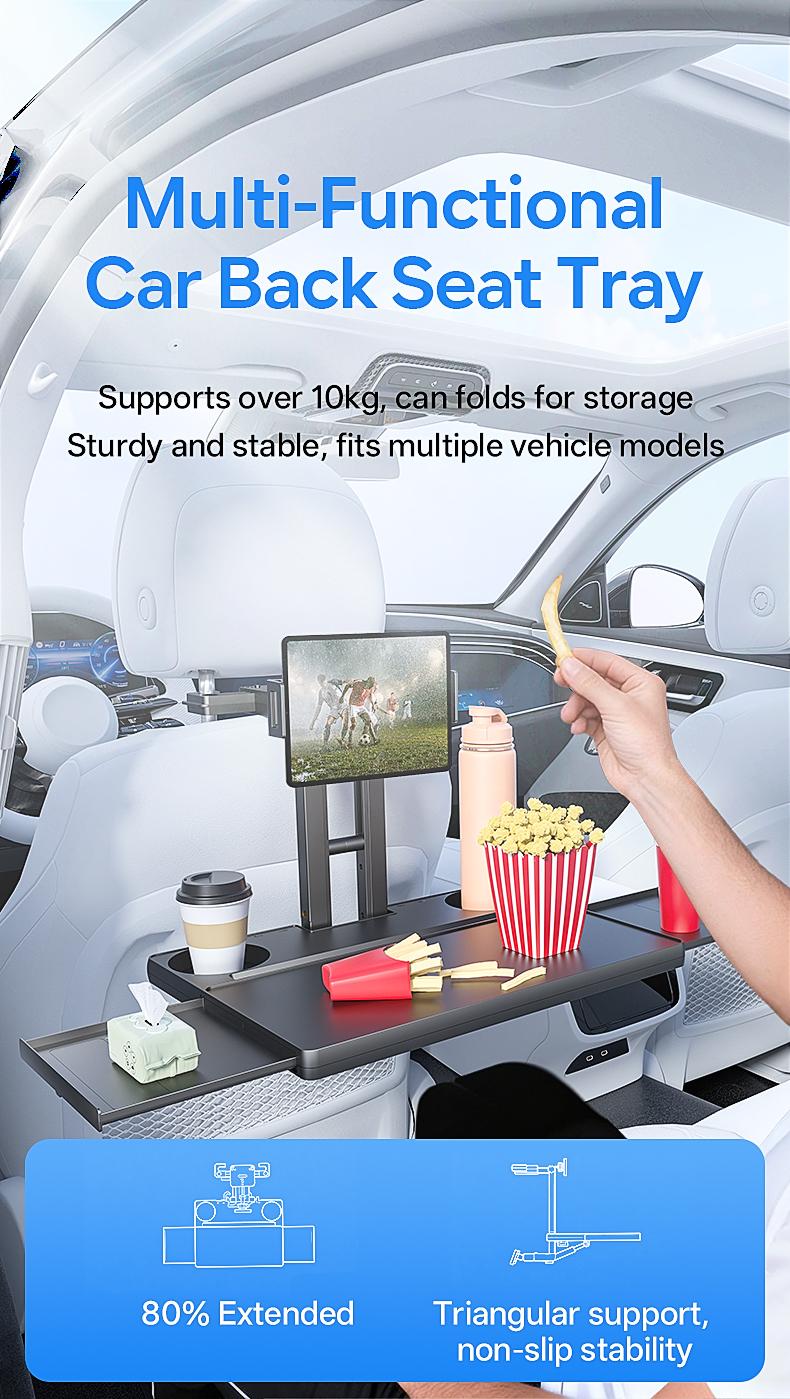 Multi-Use Car Back Seat Tray Bracket, Extendable Adjustable, Foldable Easy Install 10kg Sturdy Support, Space-Saving Mobile Office for Remote Workers, Fits Cup Phone Laptop, for Students Travelers