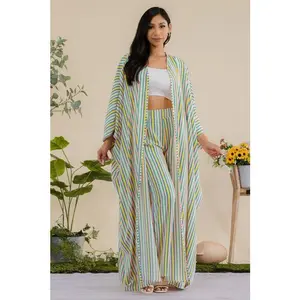 Stripe Printed Kimono Pants Set