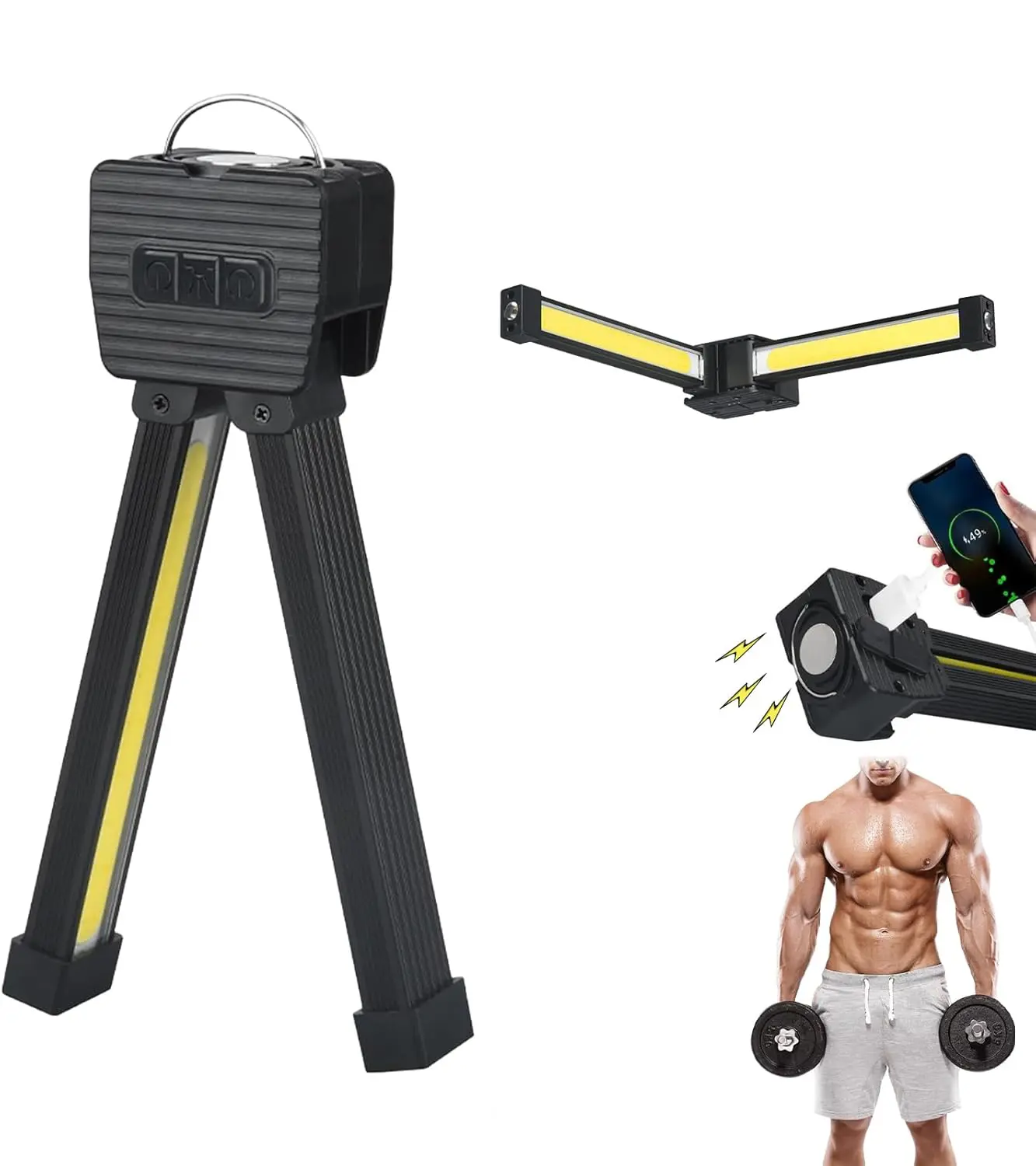 Gym Lamp for Posing - Portable Magnet LED Flashlight with Hanging Hook, 180 Degree Folding Magnetic Work Light, 7th Gear Dimming Usb Rechargeable Headlamp,USB Rechargeable Multi-Mode gym Lights,Valentine's Day giftflashlight (1 PCS) Handheld Torch