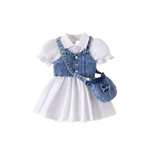 2026 New Baby Girl 3-Piece Outdoor Set |   Denim Vest, Belted Bubble Sleeve Dress & Bow Denim Crossbody Bag