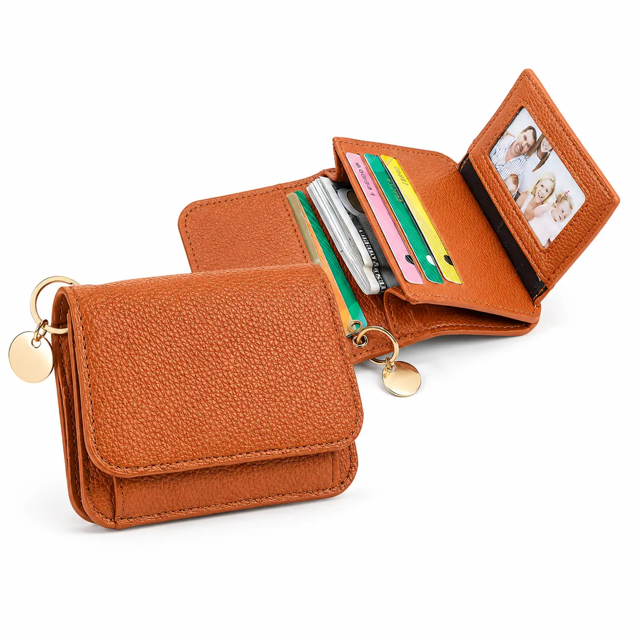 Small Tri-Fold Wallet for Women, RFID Blocking Genuine Leather Slim Card Case with Zipper Coin Pocket, Clear ID Window and Keychain, Compact Ladies Wallet for Cards, Cash and Coins