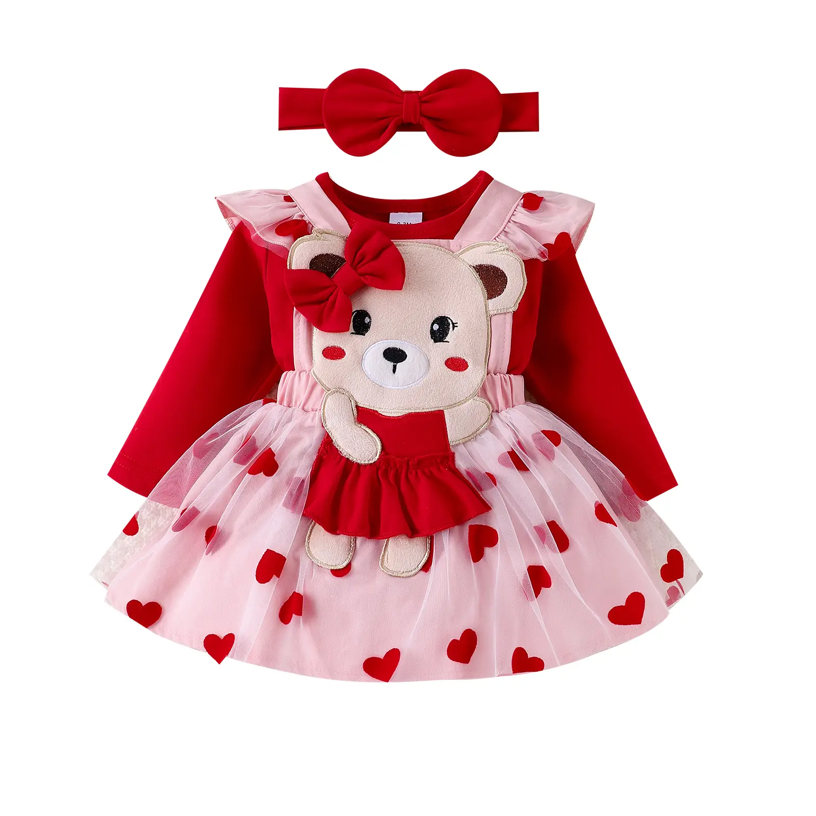 Baby Girls Spring Outfits Long Sleeve Romper + Bear Heart Suspender Skirt + Headband Newborn Valentines Clothes