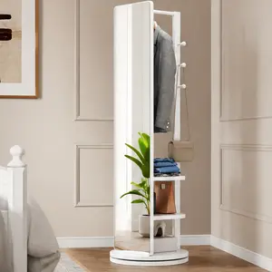 ARCH 360° Rotating Full Length Mirror with Coat Rack, 66x17.8 inch Solid Wood Floor Mirror with Hooks, Multifunctional Standing Mirror for Bedroom Living Room Cloakroom, White, White Color Options, Mirror/Rubber Wood Material, Classic Style