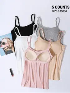 SIZE-S-4XLAvailable,Women's Casual Fitted Sleeveless Spaghetti Strap Adjustable Straps Slim Fit Basic Daily Wear, Built in Bra Tank Top,Soft Breathable Elastic Comfort Underwear,Everyday Wear,All Seasons