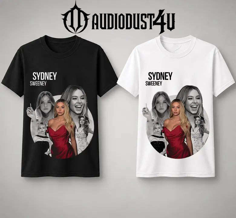 AudioDust4U Sydney Sweeney V2 Grimace Wear B&W Star Tee, Famous Actresses Graphic Tee, Famous Music Artists Tee Gift For Her
