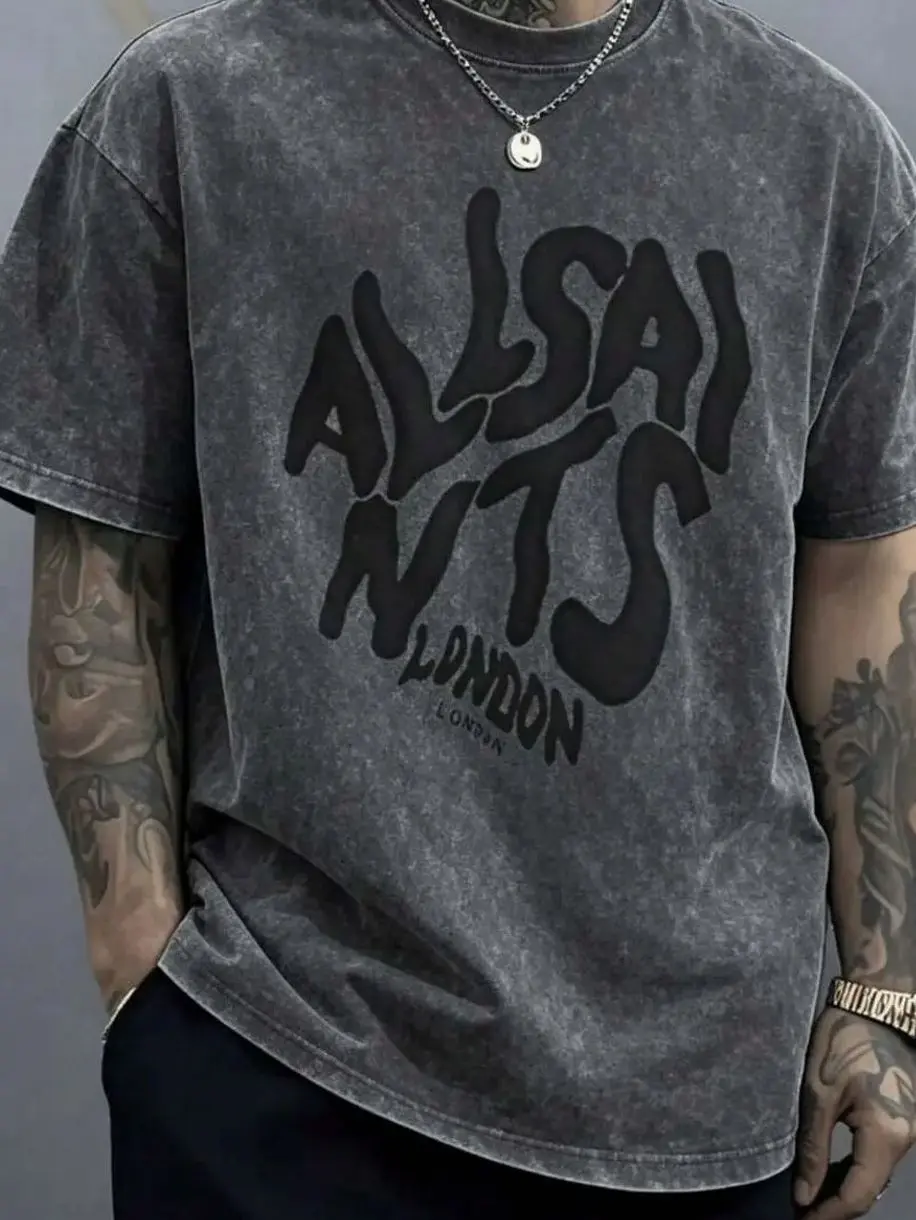 All Saints Heavyweight Streetwear Graphic T-Shirt, Cotton Urban Lettering Tee, Oversized Casual Style For Men And Women EA2