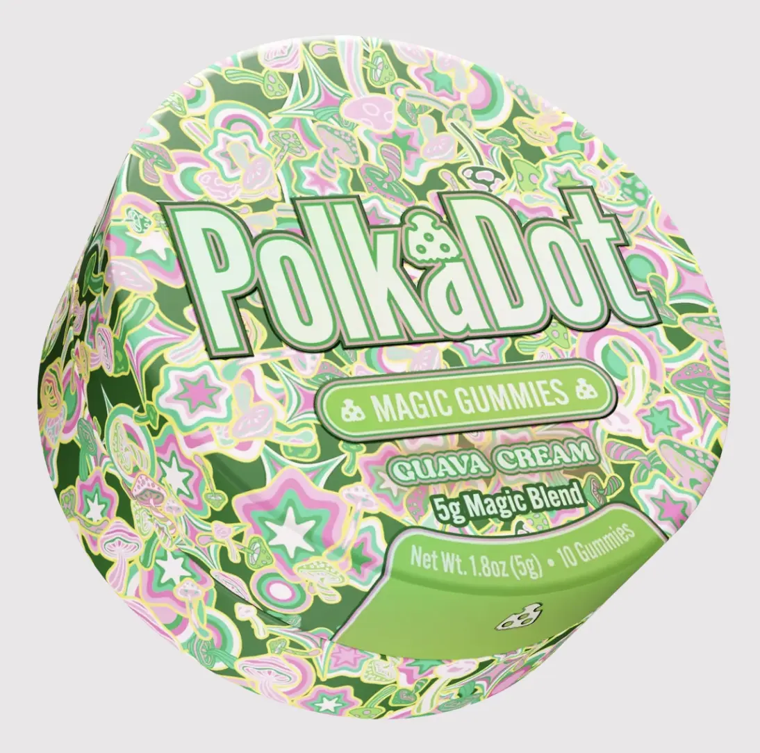 Polkadot Guava Cream Gummies, 10 Count, Premium Plant-Based Gummies, Soft Chewy Gummies, 100% Organic Ingredients, High-Quality Formula, Freshness-Sealed, Secure Reusable Metal Tin, Travel-Friendly Packaging, Proudly Made in USA