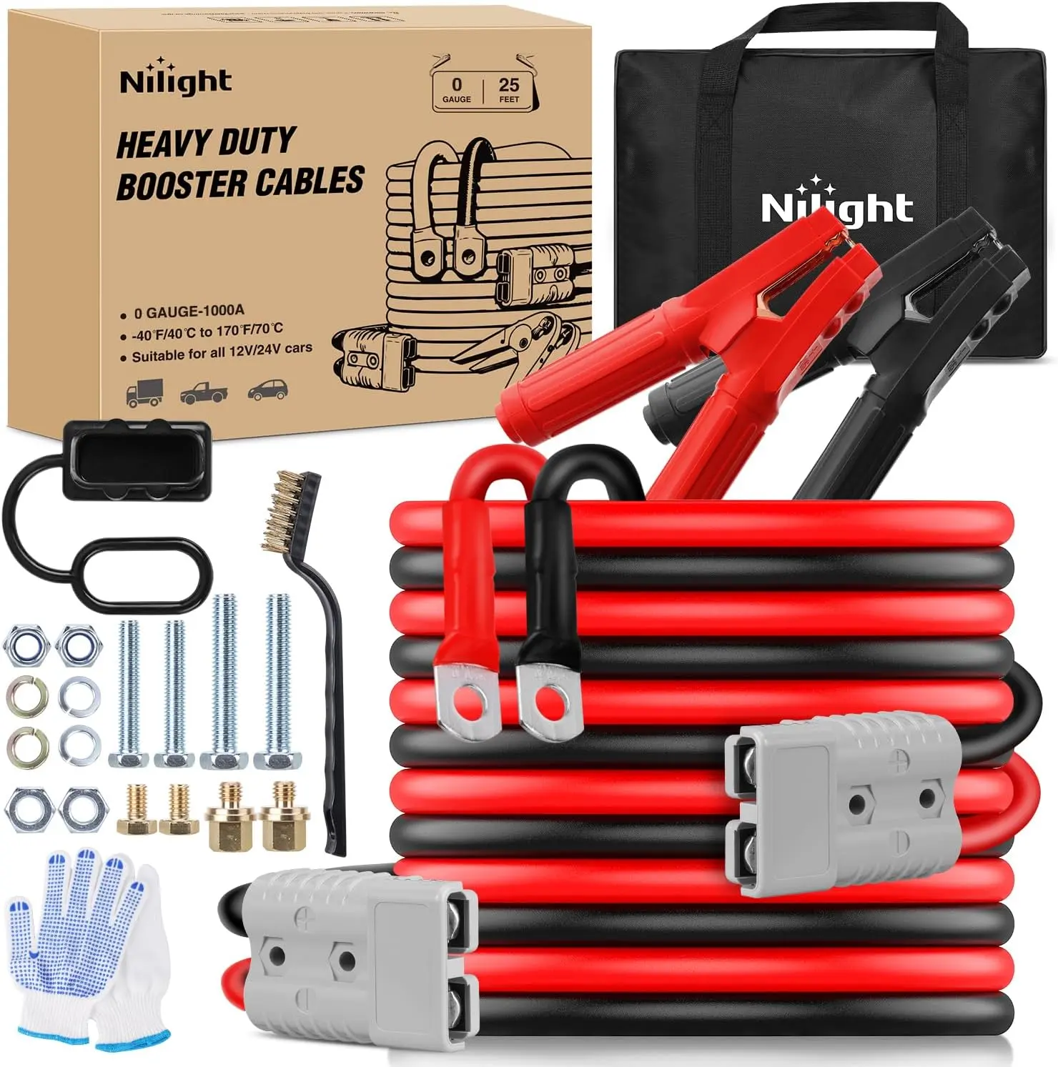 Nilight 0 Gauge 25 Feet Heavy Duty Jumper Cables 1000 Amp Booster Battery Cables with Permanent Installation kit and Quick Connect Plug Includes carrying bag for 12V & 24V Cars SUVs and Trucks summervibes fathersdaygift,father'sdaygifts