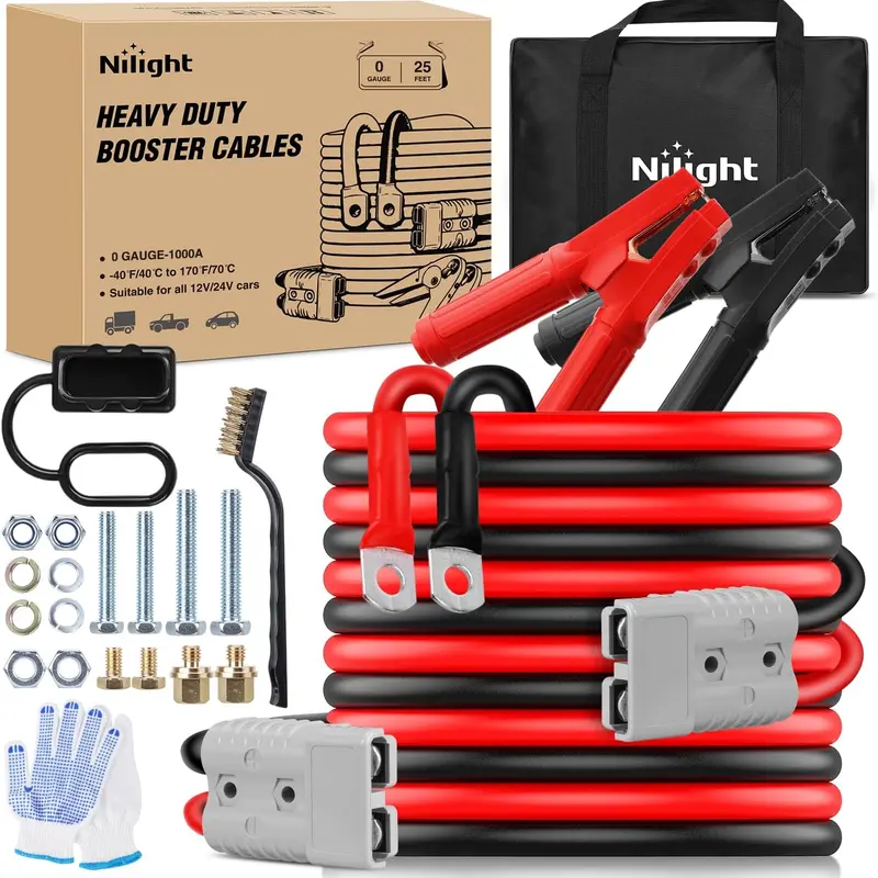 Nilight 0-Gauge 25Ft Heavy-Duty Quick Connect Jumper Cables, 1000A Boost Power 12V/24V Booster Kit with 140℃ PVC Insulation, PVC Brush, Permanent Plug-In, Serrated Clips, Bag - Weather-Resistant, Grips Tight Stays Put, Top/Side Fit for Cars, SUVs, Trucks
