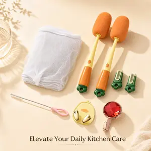 Assorted Carrot Cleaning Brushes, Reusable Long-Handle Sponge Cup Brushes, 3-in-1 Multifunctional Design, Strong Cleaning Power to Reach Edges, Ideal for Home Use, Cleaning Bottles, Cups & Kitchen Utensils