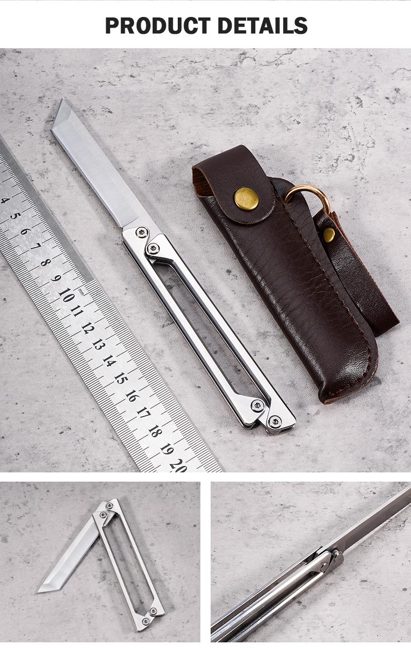 Portable EDC multifunctional tactical outdoor folding knife and pocket knife. Made entirely of steel with a leather sheath; outdoor cutting tools designed specifically for climbing and fishing; essential gear for camping and hiking.