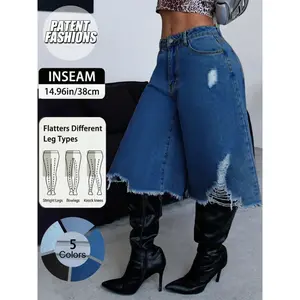 Women's tear denim shorts, non elastic, retro wash design, pocket, casual beachwear, multifunctional fashion itemRAIMENTRY